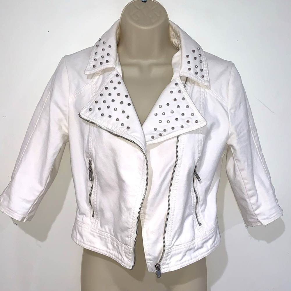 H&M White Denim Studded Moto Jacket Edgy 3/4 Sleeves
